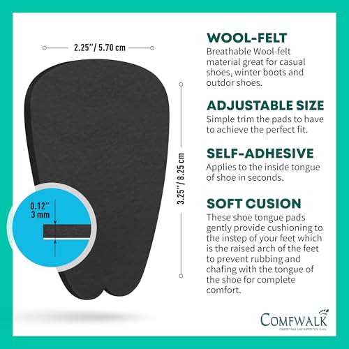Image of COMFWALK Felt Tongue Pads for Shoes - Soft Self-Adhesive Shoe Inserts | Black, 3 Pairs