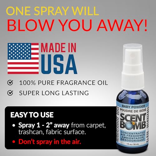 Image of Scent Bomb Air Freshener Spray, Long-Lasting Odor Eliminator - Effective Deodorizer for Home & Car, Fresh Room Spray for Kitchen, Bathroom & Smell Neutralizer - 1 oz Pack of 4, Baby Powder Scent