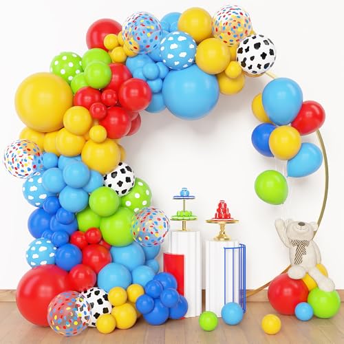 Image of Amandir 153Pcs Blue Red Yellow Balloon Arch Garland Kit Different Sizes | 18 12 10 5 Cow Cloud Pattern Green Confetti Latex Balloons For Cartoon Theme Birthday Shower Decorations