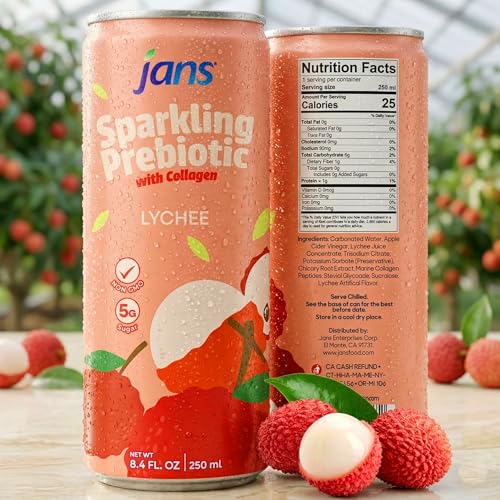 Image of Jans Sparkling Prebiotic with Collagen Soda Beverage - Lychee 8.4 Fl Oz (24-Pack) - Low Calorie, NO Added Sugar, Non-GMO Sparkling Fruit Beverage, Gut Health Support