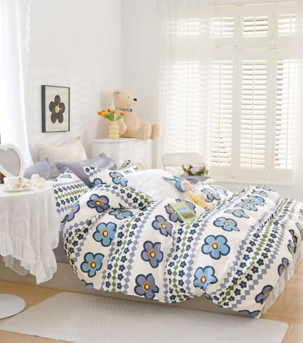 Image of COVE & HUES Cotton Diwan Set Covers |8 Pieces Diwan Cover Set|300 TC Fabric| Pure Cotton Printed Deewan Set (1 Single Bedsheet, 2 Bolster Covers, 5 Cushion Covers)|KC 00 (White Blue Daisy)