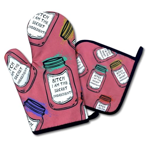 Dhecvbd Bitch I Am The Secret Ingredient, Funny Oven Mitts and Pot Holders (Set of 2) with Hanging Loop Silicone Non-Slip, Housewarming, Birthday Cooking Gift for Female Chef, Mom, Wife, Girlfriend