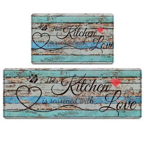 CHICNOOK Farmhouse Kitchen Rug Sets of 2, Love Theme Kitchen Mats, PVC Material Quality, Old-Style Wood Texture Anti Fatigue Kitchen Mats, Wooden Non-Slip and Washable Kitchen Rugs,18''x30''+18''x48''