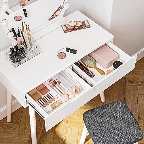Image of VASAGLE Makeup Vanity Set with 10 Light Bulbs and Touch Switch, Dressing Makeup Table Desk with Large Round Mirror, 2 Sliding Drawers, 1 Cushioned Stool, White URDT11WL