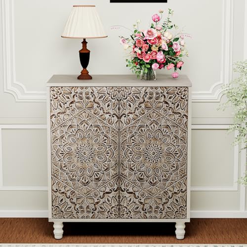 HOMPUS-Storage-Cabinet-Accent-Cabinet-with-2-Doors-and-Adjustable-Shelves-Carved-Pattern-Doors-Decorative-Sideboard-Buffet-Cabinet-Coffee-Bar-Farmhouse-Cabinet-for-Living-Room-Entryway-Kitchen HOMPUS Storage Cabinet Accent Cabinet with 2 Doors and Adjustable Shelves Carved Pattern Doors Decorative Sideboard Buffet Cabinet Coffee Bar Farmhouse Cabinet for Living Room Entryway Kitchen
