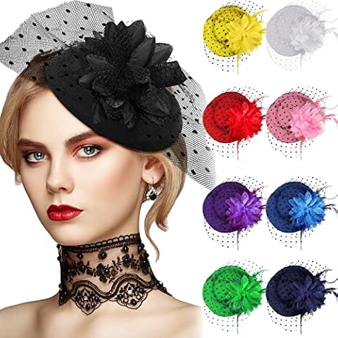 Jeyiour 9 Pcs Fascinators Hats Tea Party Hats for Women with Veil Flower 20s 50s Feather Pillbox Hat with Clips, 9 Colors (Multi Colors) Cover