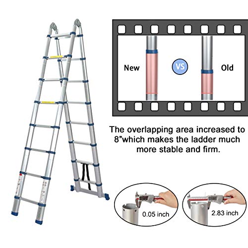 16.5 Ft Telescoping Ladder, Extension Ladder, A-Frame Portable Folding Ladder Aluminium Lightweight 330lb Load Capacity with Support Bar Anti-Slip