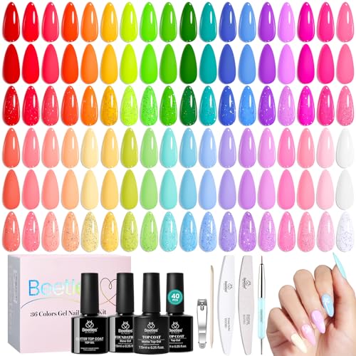 Beetles Spring Gel Polish Set - 36 Colors Pastel Neon Rainbow Bright Color Gel Polish Set with Base Coat Glossy Matte & Glitter Top Coat Pink Red Yellow Manicure Vivid Whimsy Summer Gifts for Women