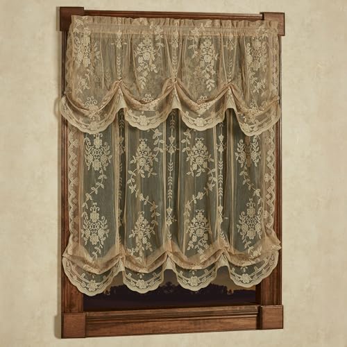 Luxury Sheer Polyester Fiona Lace Window Treatment | Beautiful Balloon Window Shade, Tuck Valance | Timeless Classic Traditional | Antique Gold | Elegance | Rod Pocket | Machine wash Light Filtering