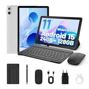Ainmel Tablet 11 Inch Android 15, 24GB+128GB/1TB Tablet with Pen and Keyboard, Octa-Core, 6800mAh, Widevine L1, WiFi 6, Face Unlock 2 in 1 with Mouse, Case, Charger (White)