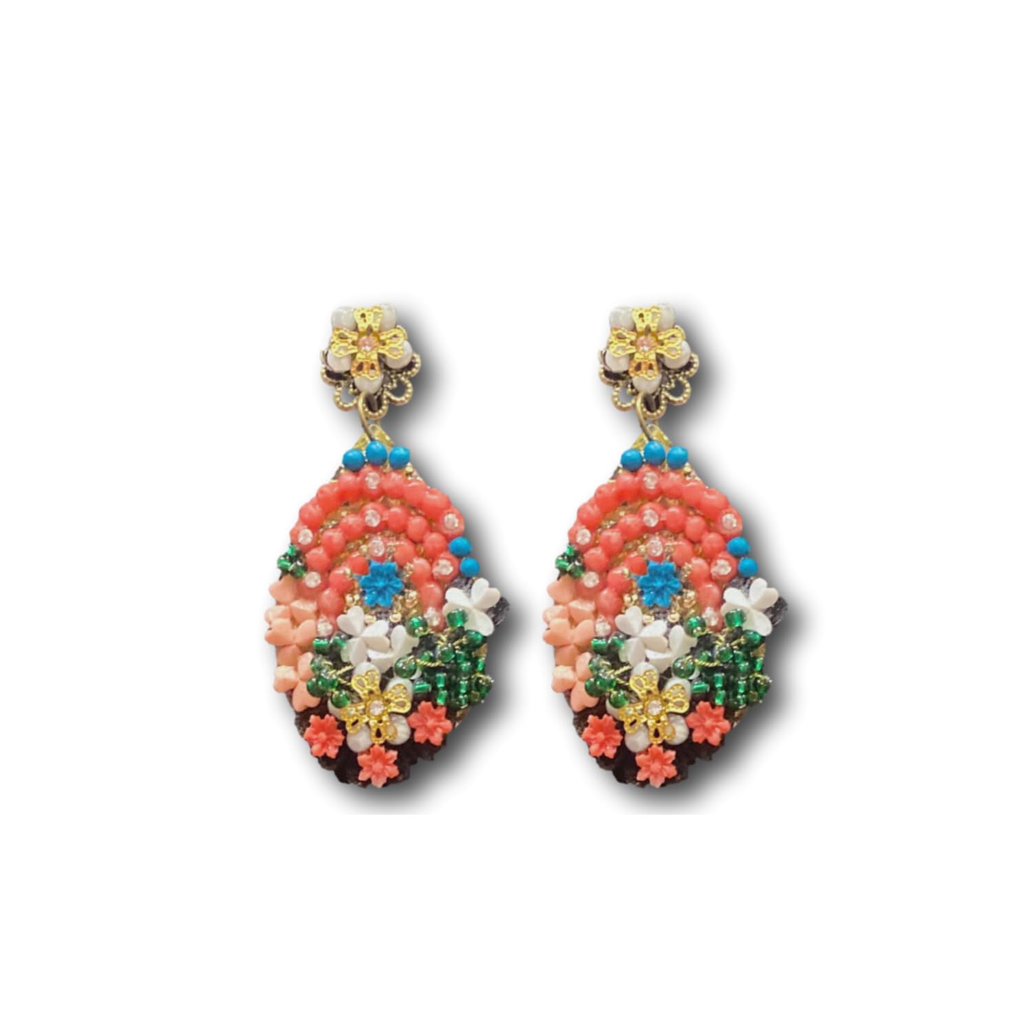 Pendientes Artesanales Florales con Cristales y Pedrería, 7 cm x 3.5 cm, Coral, Turquesa, Verde, Hechos a Mano, Diseño Exclusivo, para Cualquier Ocasión o Evento, Pendientes de Flamenca