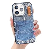 YUYIB デニム iPhone 16 Pro 用 ケース 布ケース ジーンズ カード収納 かわいい おしゃれ キャラクター 衝撃吸収 ブランド アイフォン16プロ 用 カバー (ブルー, iPhone16 Pro)
