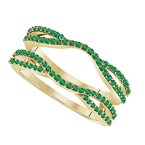 Star Retail 1/2 Ct 14K Yellow Gold Finish Round Cut Lab Created Green Emerald Ladies Anniversary Wedding Band Enhancer Guard Double Chevron Ring