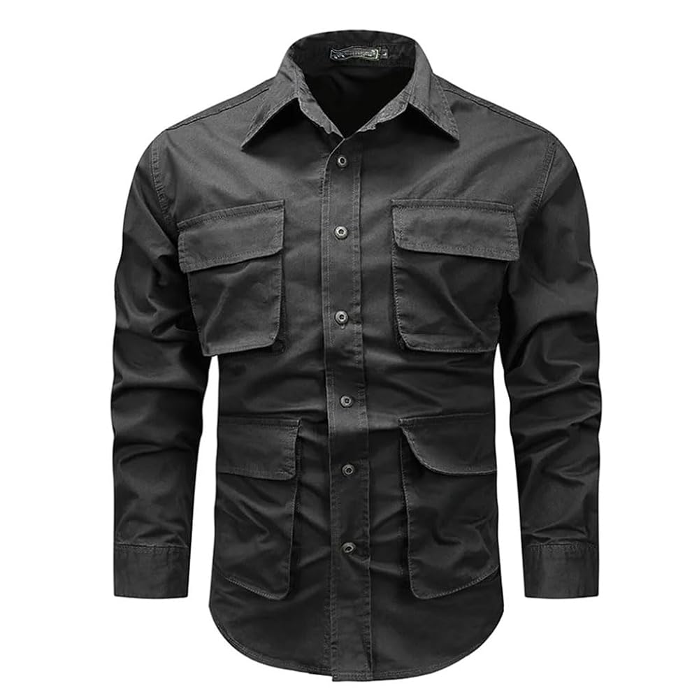 Men Long Sleeved Multi Pockets Shirts Outdoor Loose Tooling