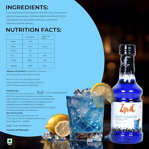 Image of Zone Blue Curacao Syrup 300ml | Tropical Citrus Flavour for Mocktails, Cocktails, Lemonades & Sodas | Bar Syrup, Alcohol Free, More Servings | Premium Cafe Style Taste for HoReCa & Home Use | 12+ Flavours