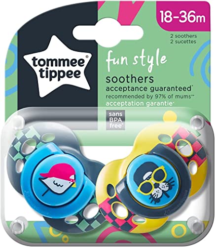 Tommee Tippee Fun Style Soothers, 18-36m, 2 Pack, Symmetrical Orthodontic Design, BPA-Free Silicone, Colours May Vary