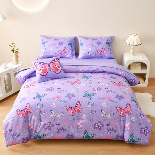 Tasselily Butterfly Bedding Set Full, Purple Butterfly Comforter Set for Girls Kids Teens 6 pcs Bed in a Bag Full Bedding Sets for Girls