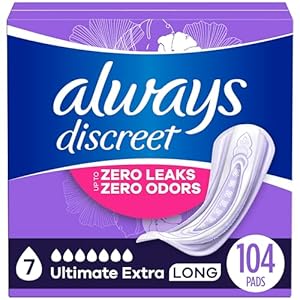 Always Discreet Adult Incontinence Pads for Women, Ultimate Extra Protect Absorbency, Long Length, Postpartum Pads, 104 CT