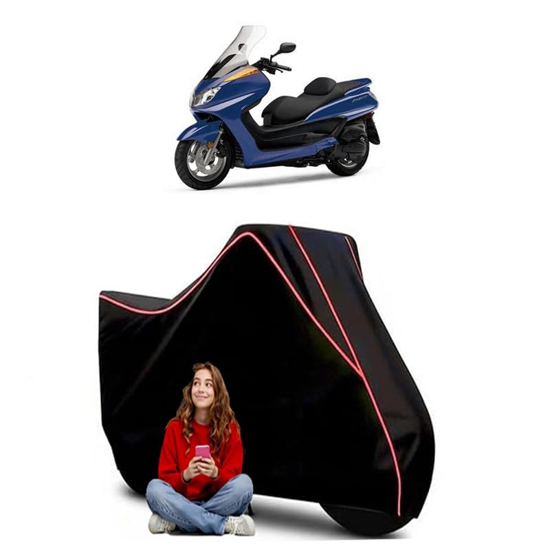 Image of Majesty S 155 Maxi Bs6 Scooty Bike Cover Water Resistant Outdoor Use Universal Fit Scooters Motorcycles Heavy Duty UV Protection Dust Rain Scratch Resistant Elastic Bottom Black Blue Piping