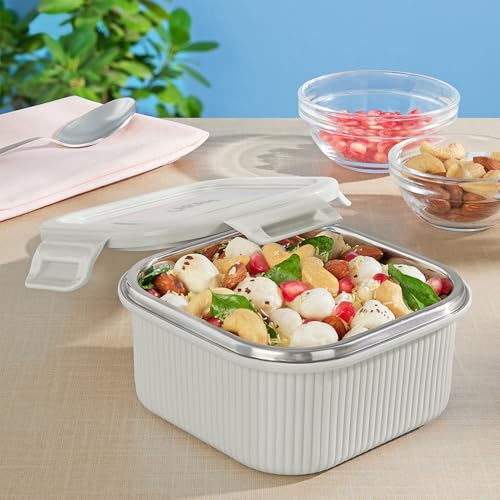 Image of Larah by BOROSIL Freshbyte Food Storage Container with Airtight Stainless Steel Lid | Fridge Container for Lunchbox | Food Grade | Microwave Safe (Grey, 400 ml, Square)