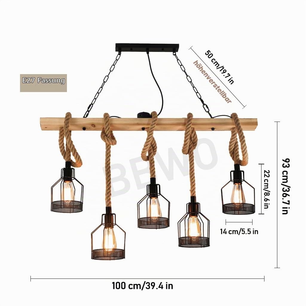 Vintage Holz Pendelleuchte Esstischlampe E27*5 Kronleuchter Höhenverstellbar Hängelampe Hanfseil DIY Verstellbare Hängeleuchte Eisen Pendelampe Wohnzimmer Küche Bar Deckenleuchte 100CM