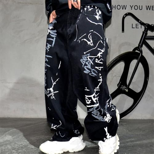 Men’S Hip Hop Baggy Straight Paint Graffiti Pants Button Fly Midweight Unwashed Streetwear Skateboard Full Length Jeans4
