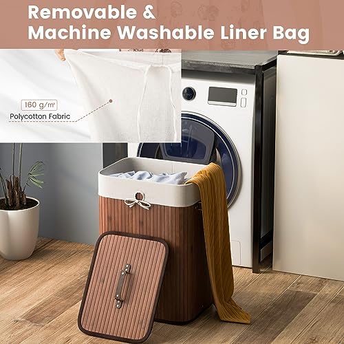 Multigot Bamboo Laundry Basket, 72L Clothes Storage Hamper with Removable Liner Bag & Lid, Portable Washing Room Basket for Laundry Room Bedroom (Coffee) - Image 5