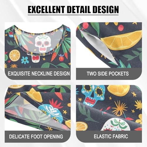 ALAZA Mexican Day Of The Dead Sugar Skull Lemon Pajamas Set Short Sleeve Cotton Sleepwear Summer Pjs 2 Piece 5-14Y4