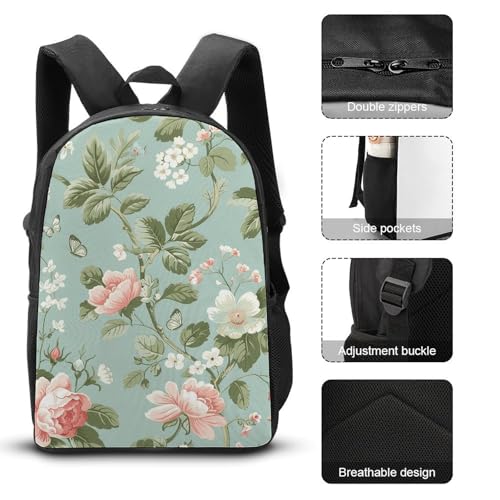 3 Piece Backpack for Women Men Lightweight Causal Daypack Shoulder Bag Set with Insulated Lunch Bag And Pencil Case Organizers Floral Pattern Style3