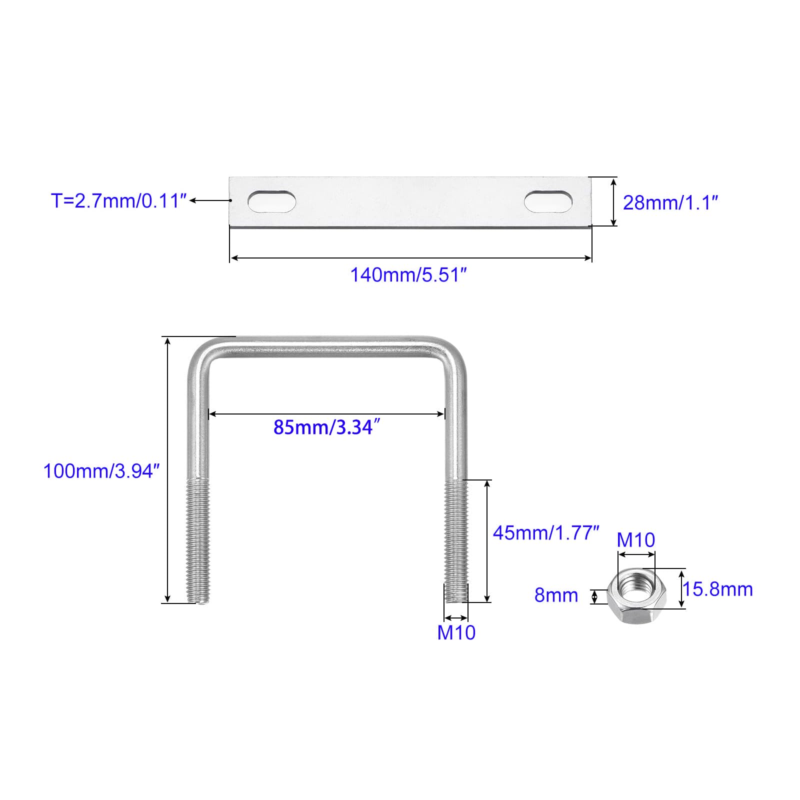 MACHSWON Square U-Bolt,2 Set 304 Stainless Steel M10 U Bolts 85mm(3.43") Inner Width 100mm Length with Nuts and Frame Plate for Automobiles Boat Trailer - Image 2