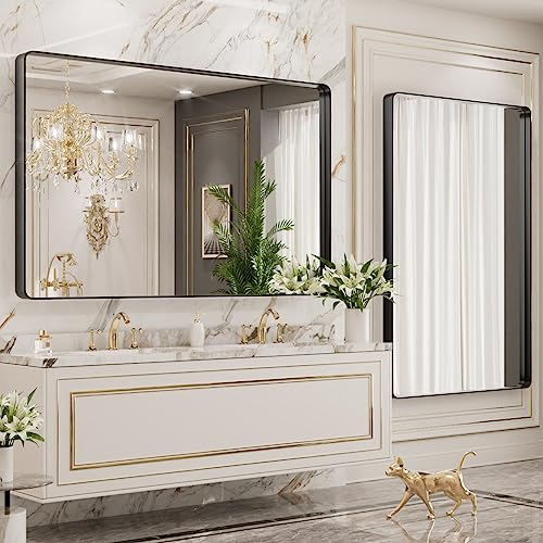 LOAAO 48X40 Inch Black Metal Framed Bathroom Mirror for Wall, Matte Black Bathroom Vanity Mirror Farmhouse, Large Rounded Rectangle Mirror, Anti-Rust, Tempered Glass, Hangs Horizontally or Vertically
