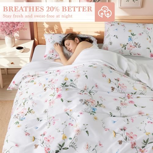 Shilucheng 100% Cotton Floral Duvet Cover Queen Size - 600 Thread Count, Breathable & Cooling Comforter Cover with Zipper Closure,Hotel Bedding Duvet Covers 3 Piece (Jacaranda & Pink)
