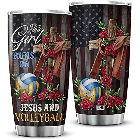 ZOXIX This Girl Runs On Jesus And Volleyball Tumbler For Girls Stainless Steel Cup Mug With Lid 20oz Flower Christian Cross USA American Vintage Gift For Volleyball Player Cover