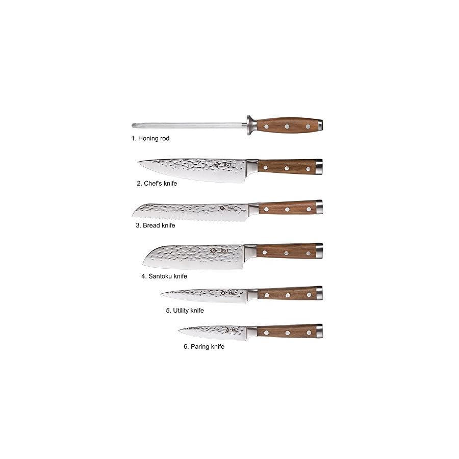 BGT Japanese 67 Layer High Grade VG-10 Super Damascus Steel Knives, Sharp, Teak Handle Professional Hammered Kitchen Knife Set with Knife Roll Bag 6Pcs Set (Silver Blade)