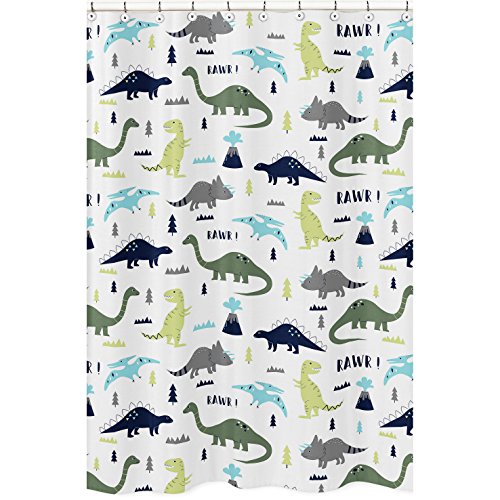 Sweet Jojo Designs Blue and Green Modern Dinosaur Childrens Kids Bathroom Fabric Bath Shower Curtain