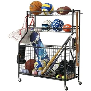 Garage Sports Equipment Organizer Ball Storage Rack Sports Gear Basketball Storage with Baskets and Hooks Outdoor Heavy Duty Storage Rolling Cart Football Rugby Organizer