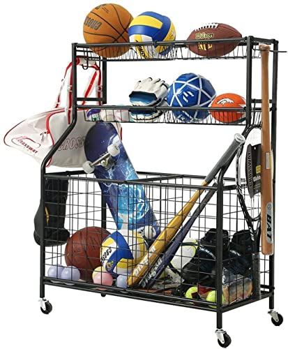 Garage-Sports-Equipment-Organizer-Ball-Storage-Rack-Sports-Gear-Basketball-Storage-with-Baskets-and-Hooks-Outdoor-Heavy-Duty-Storage-Rolling-Cart-Football-Rugby-Organizer Garage Sports Equipment Organizer Ball Storage Rack Sports Gear Basketball Storage with Baskets and Hooks Outdoor Heavy Duty Storage Rolling Cart Football Rugby Organizer