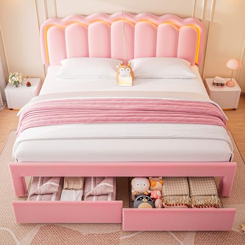 King Upholstered LED Bed Frame with 2 Storage Drawers and Adjustable Chic Double Wavy Headboard, Velvet Princess Platform Bed with Charing Station, Solid Wood Slats Support, No Box Spring Needed, Pink