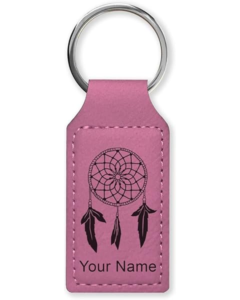 LaserGram Rectangle Keychain, Dream Catcher, Personalized Engraving Included (Pink)