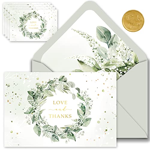 Gooji Greenery Lot de 20 cartes de remerciement en feuille d'or de 10 x 15 cm Enveloppes blanches assorties avec patte autocollante, Assortiment assorti, Fête...