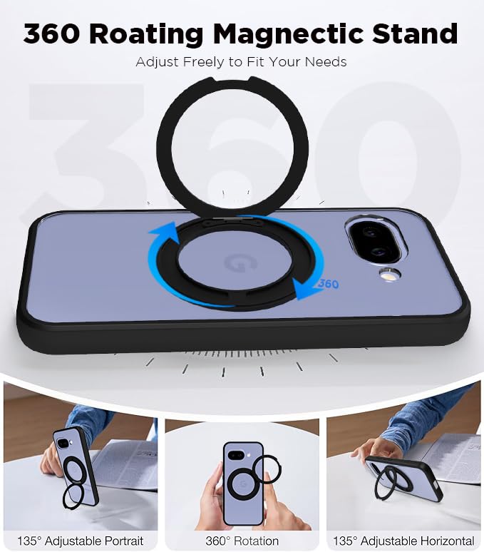 Image of RIGGEAR Shockproof Sleek Hybrid Armor 360 Rotating Magnetic Ring Stand Back Cover Case Compatible with MagSafe Accessories for Google Pixel 9A (Clear PC + Black TPU Bumper)