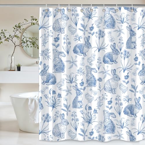 AnyDesign Easter Bunny Shower Curtain Bathroom Decoration Blue Chinoiserie Rabbit Chick Flower Waterproof Fabric Bath Curtain Set with Hook for Spring Party Home Hotel 72 x 72 Inch