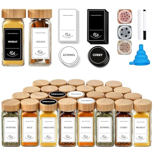 Danillous Gewürzgläser Eckig 24er Set mit Bambusdeckel Etiketten in Schwarz & Weiß (360 Stück) & Silikontrichter