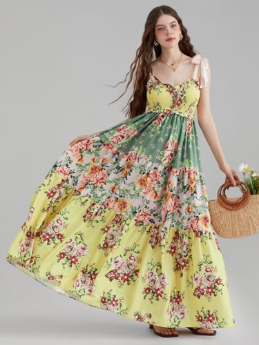 Image of Women Summer Floral Spaghetti Strap Dress Flowy Smocked Tie Up Boho Maxi Swing Dress Y2K Beach Sundress