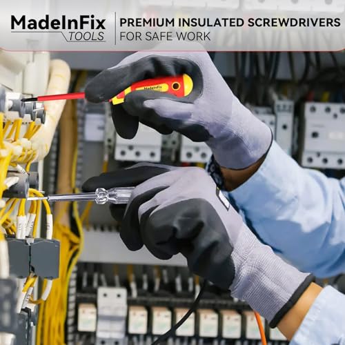 MadeInFix Screwdriver Set, 14 Piece VDE Insulated Electricians Tools Kit with Rubber Handle in Hard Case | Interchangeable | Magnetic Tips | 1000V | Ideal for Electrical, Home and DIY Projects