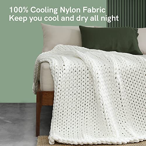 YnM Cooling Weighted Blanket, Handmade Chunky Yarn Knitted Design, Temperature Regulating and Breathable, Machine Washable Throw for Sleep or Home Decor (White, 50x60 Inch, 10lbs)