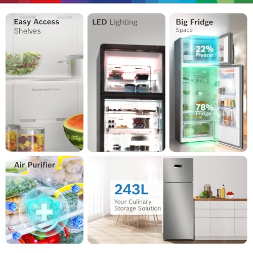 Image of Bosch 243L 3 Star Inverter Frost free Double Door Refrigerator (CTC27S031I, 6-in-1 Convertible, 18 Hours Cooling Retention, Digital Display, Super Freeze, 80min Convert,Shiny Silver)