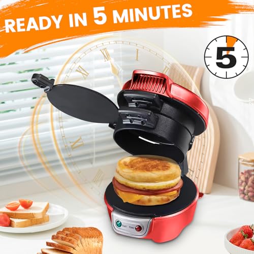 Sandwich Toaster Burger Maker mit Eierringe und Zeitschaltuhr, Effiziente Antihaft Heizplatten, Spülmaschinenfest, Perfekt für Hamburger, Snacks und ein Schnelles DIY Frühstück (Rot)
