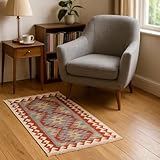 HAMID, Kilim Herat Alfombra Kilim de Lana Hecha a Mano con Diseño Geométrico, Pieza Artesanal Única para Salón, Dormitorio o Pasillo - (101x61cm)
