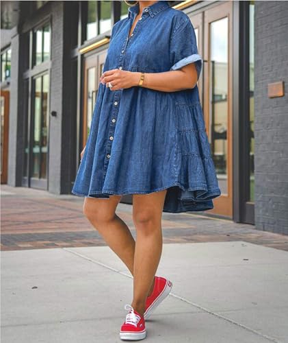 Image of Sexyshine Women's Denim Babydoll Dress Short Sleeve Button Down Flowy Tiered Jeans Mini Shirt Dress